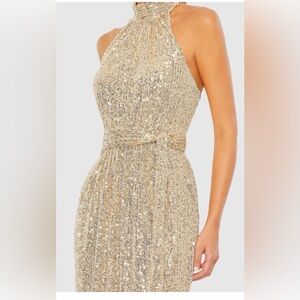 NEW Mac Duggal Sequin Halter Mock
Sleeveless Gown soft belt tided Gold